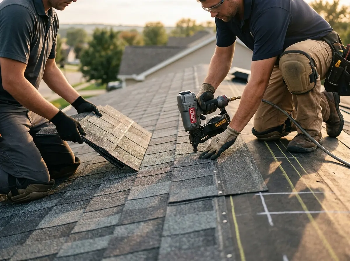 Professional roofer working on a residential roof in Pittsfield